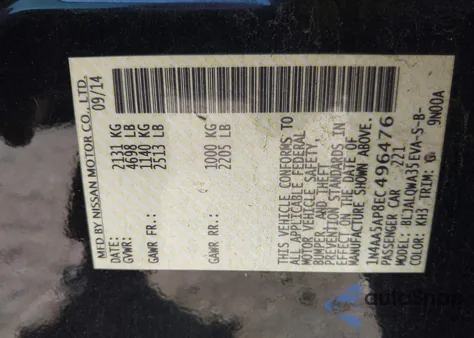 2014 Nissan Maxima 3.5 S/3.5 Sv from USA, damaged, VIN 1N4AA5AP8EC496476